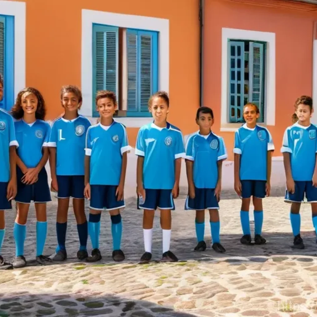 사회적 책임 경영과 지속 가능 경영의 차이 - A vibrant outdoor scene in a charming Portuguese village square. Children, boys and girls of diverse...