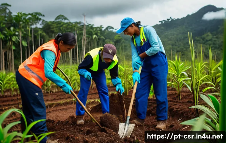사회적 책임 경영과 CSR 활동의 연결 - **Prompt:** "A vibrant photo showcasing a diverse group of volunteers planting trees in a deforested...