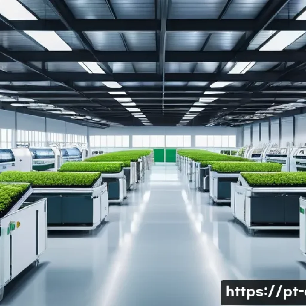 사회적 책임 경영에서 요구되는 기술 트렌드 - **Prompt 1: AI-Powered Sustainable Factory**
A futuristic, clean factory interior bathed in soft...