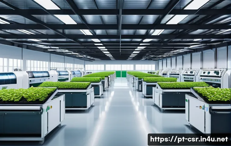 사회적 책임 경영에서 요구되는 기술 트렌드 - **Prompt 1: AI-Powered Sustainable Factory**
    A futuristic, clean factory interior bathed in soft...