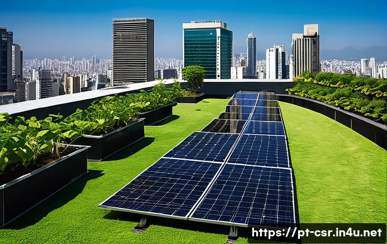 사회적 책임 경영 성공 사례 분석 - A modern corporate office rooftop garden in S&atilde;o Paulo, Brazil, featuring solar panels and rainwater ...