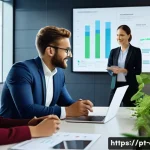 Home 20 사회적 책임 경영 전문가로 성장하기 위한 조언 - A modern corporate office scene featuring a diverse team of professionals engaged in a meeting about...