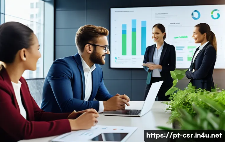 사회적 책임 경영 전문가로 성장하기 위한 조언 - A modern corporate office scene featuring a diverse team of professionals engaged in a meeting about...
