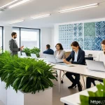 Home 23 사회적 책임 경영 이론과 실무 통합 학습법 - A vibrant modern Portuguese corporate office interior showing diverse employees actively participati...