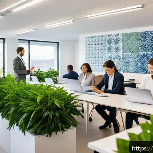 Home 17 사회적 책임 경영 이론과 실무 통합 학습법 - A vibrant modern Portuguese corporate office interior showing diverse employees actively participati...