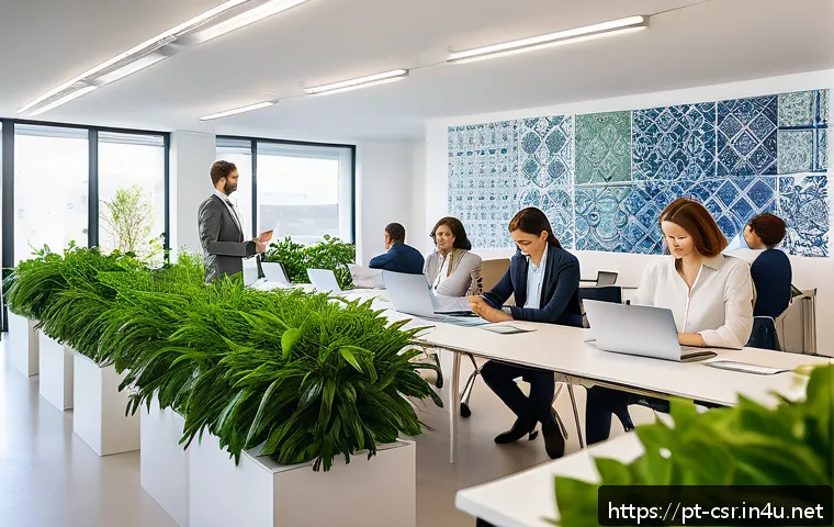 사회적 책임 경영 이론과 실무 통합 학습법 - A vibrant modern Portuguese corporate office interior showing diverse employees actively participati...